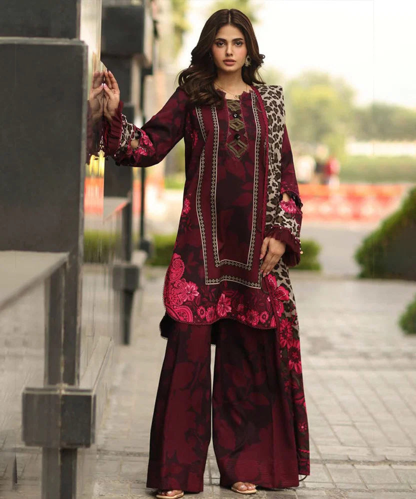 Maroon Printed 2-Piece Unstitched Suit (SS 4008)