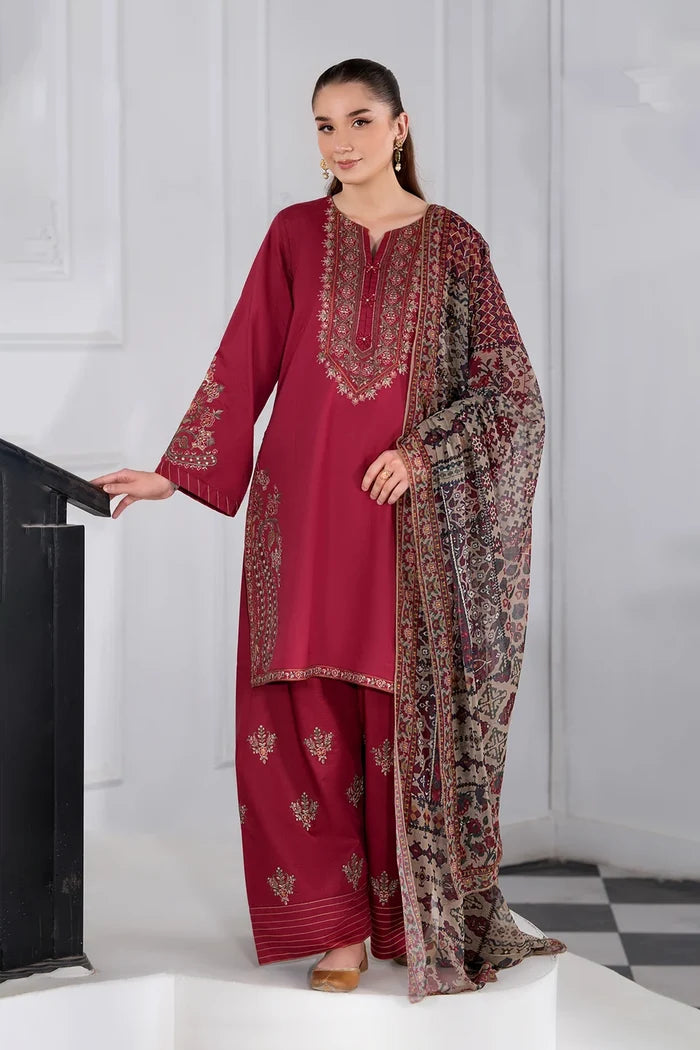 Maroon Embroidered 3PC Dhanak Suit with Printed Shawl (TFS 137)
