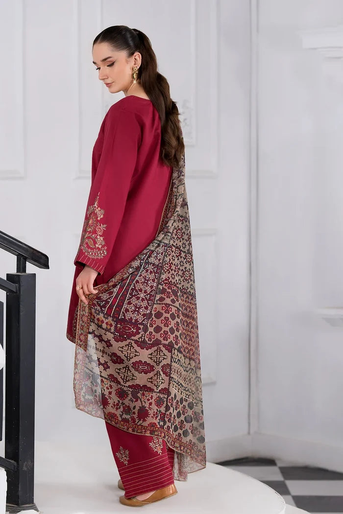 Maroon Embroidered 3PC Dhanak Suit with Printed Shawl (TFS 137)