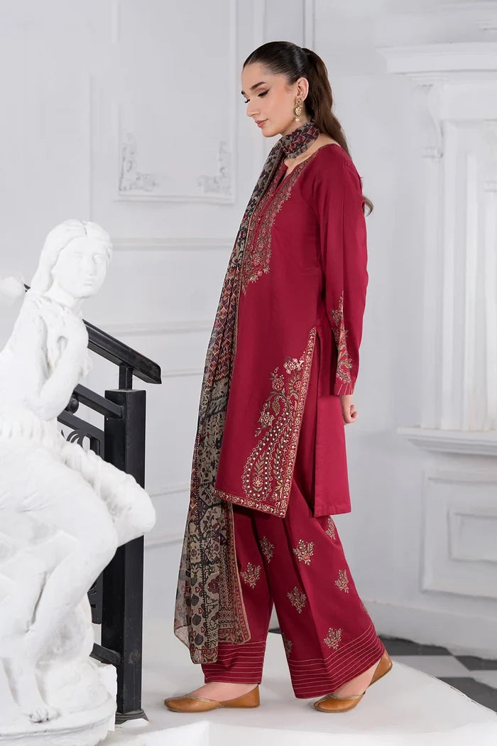 Maroon Embroidered 3PC Dhanak Suit with Printed Shawl (TFS 137)