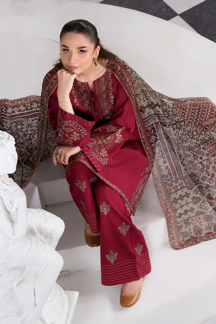 Maroon Embroidered 3PC Dhanak Suit with Printed Shawl (TFS 137)