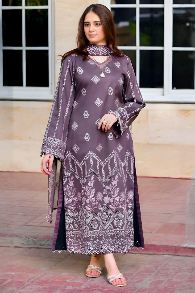 '- 3PC DHANAK EMBROIDERED SHIRT WITH DHANAK EMBROIDERED SHAWL AND TROUSER - 681