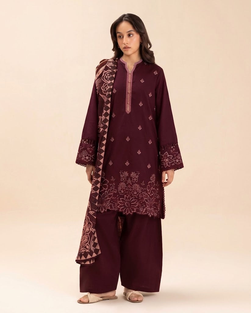 Plum Embroidered 3PC Dhanak Suit with Digital Printed Dupatta (HE D#287A)