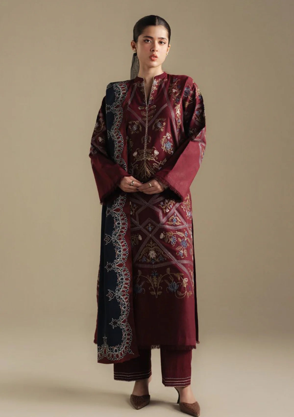 Maroon Embroidered 3PC Dhanak Suit with Digital Printed Shawl (HE D#24)