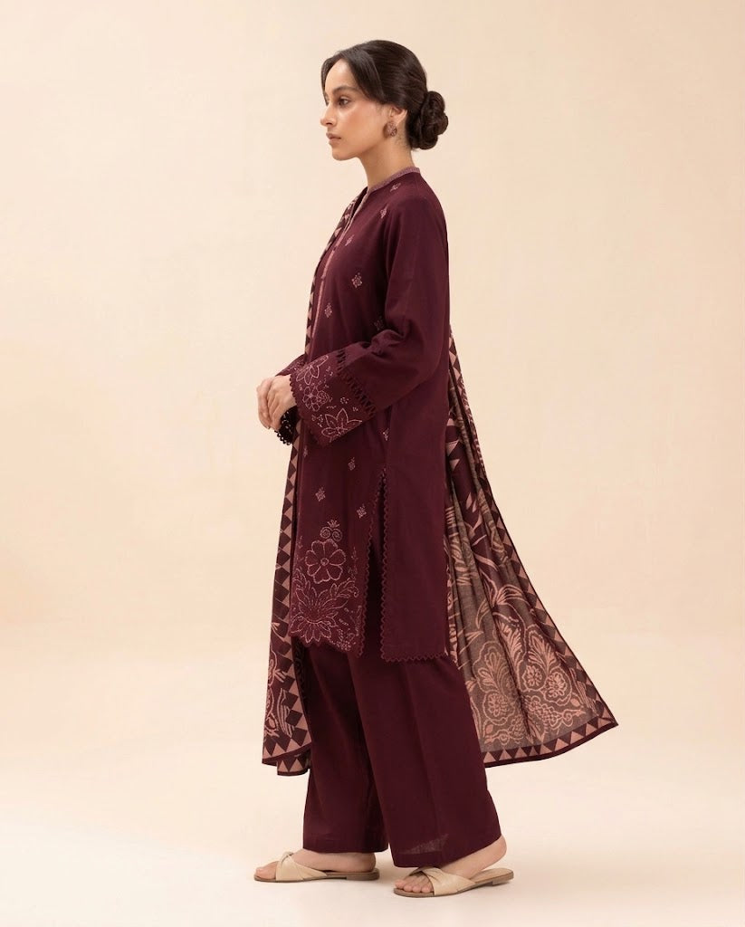 Plum Embroidered 3PC Dhanak Suit with Digital Printed Dupatta (HE D#287A)