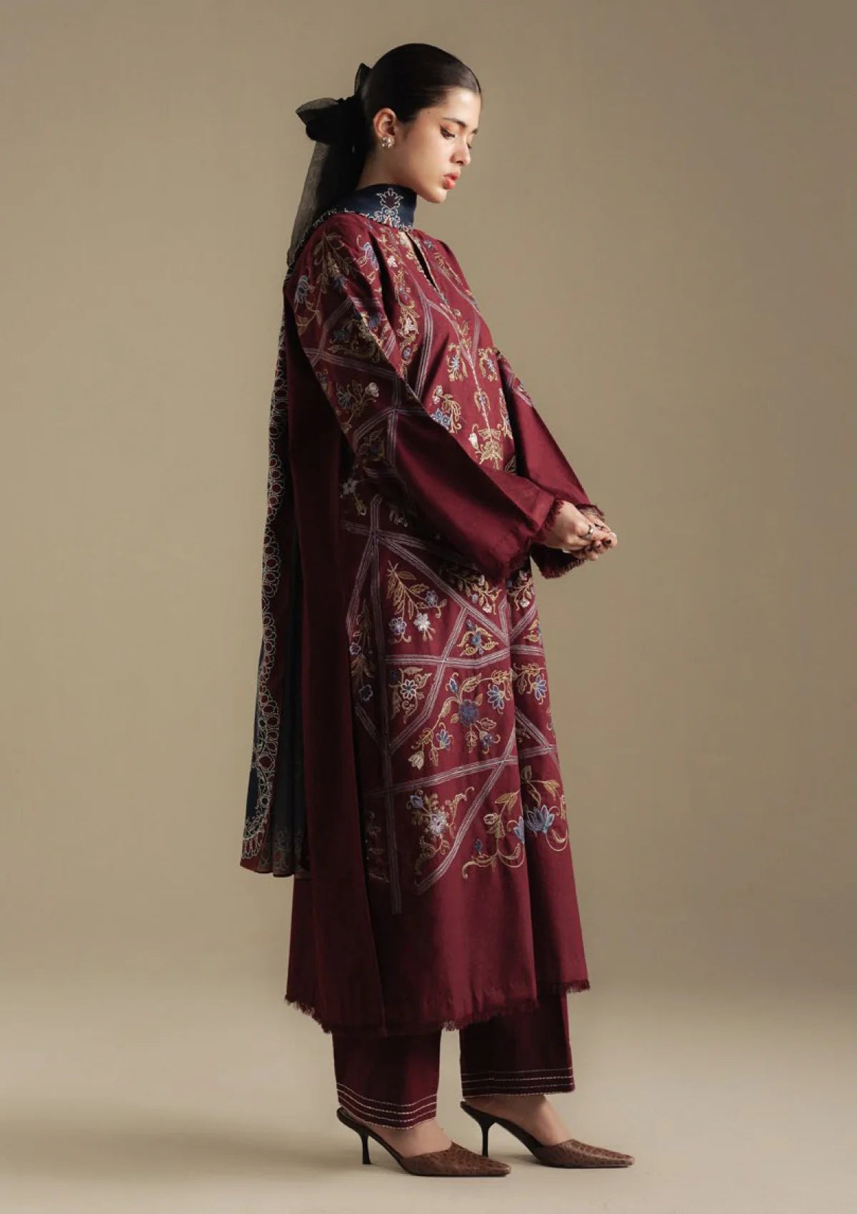 Maroon Embroidered 3PC Dhanak Suit with Digital Printed Shawl (HE D#24)