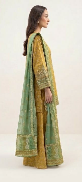 Mustard Yellow Embroidered 3PC Suit with Green Contrast Trim (HE D#88A)