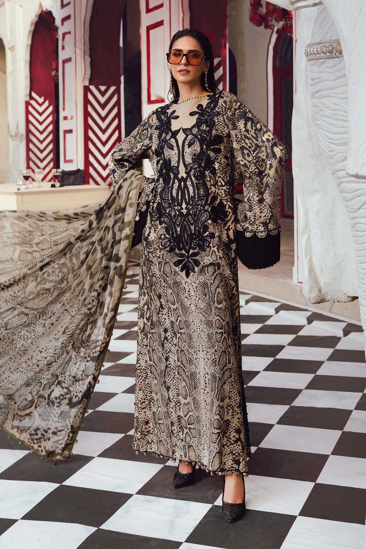 Black Beige Snake Print 3PC Silk Suit with Sequin Embroidered Yoke (TFS 406)