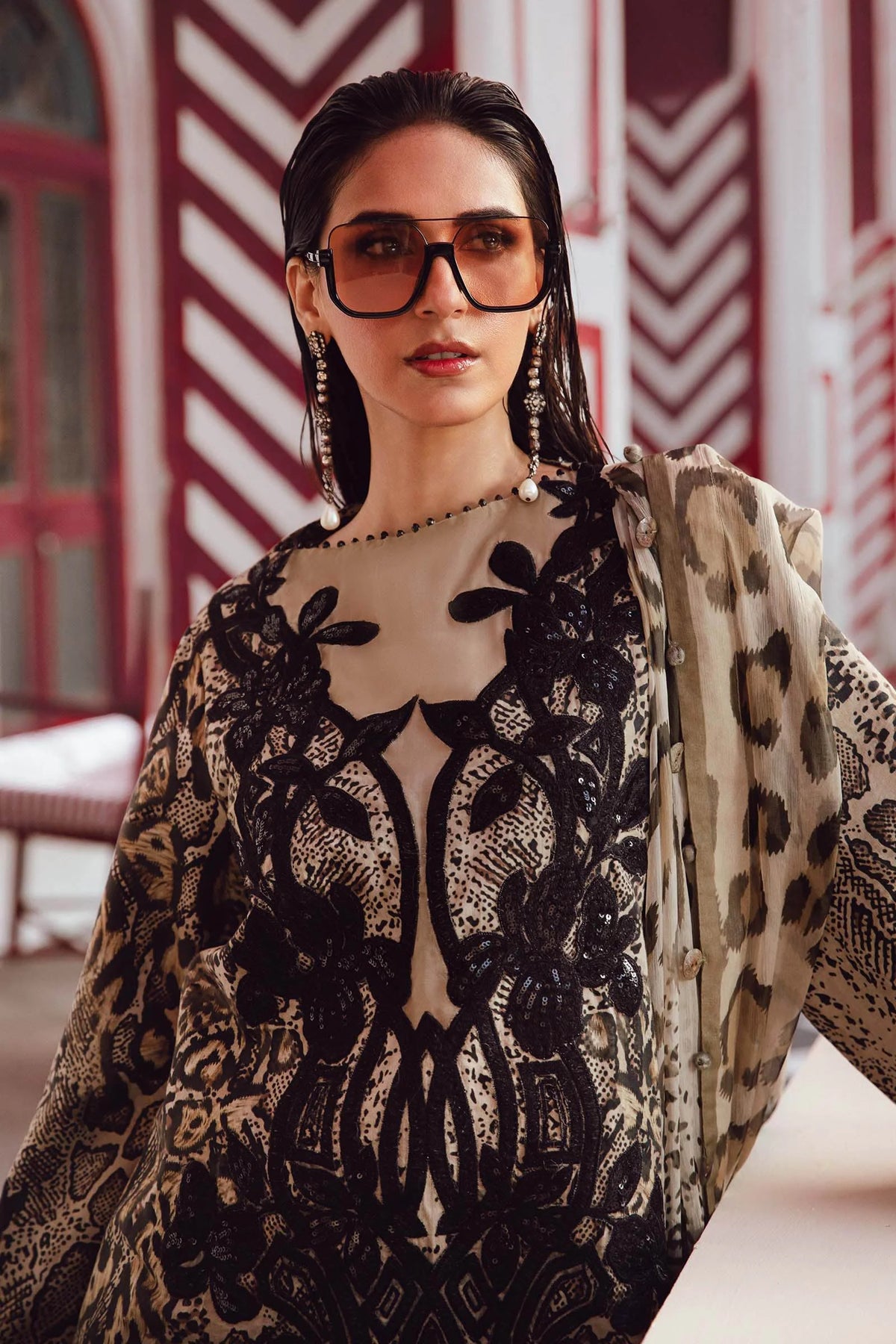 Black Beige Snake Print 3PC Silk Suit with Sequin Embroidered Yoke (TFS 406)