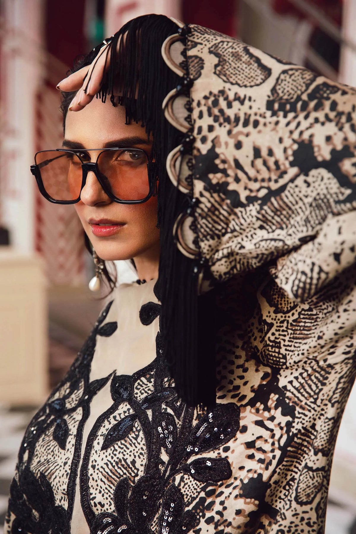 Black Beige Snake Print 3PC Silk Suit with Sequin Embroidered Yoke (TFS 406)