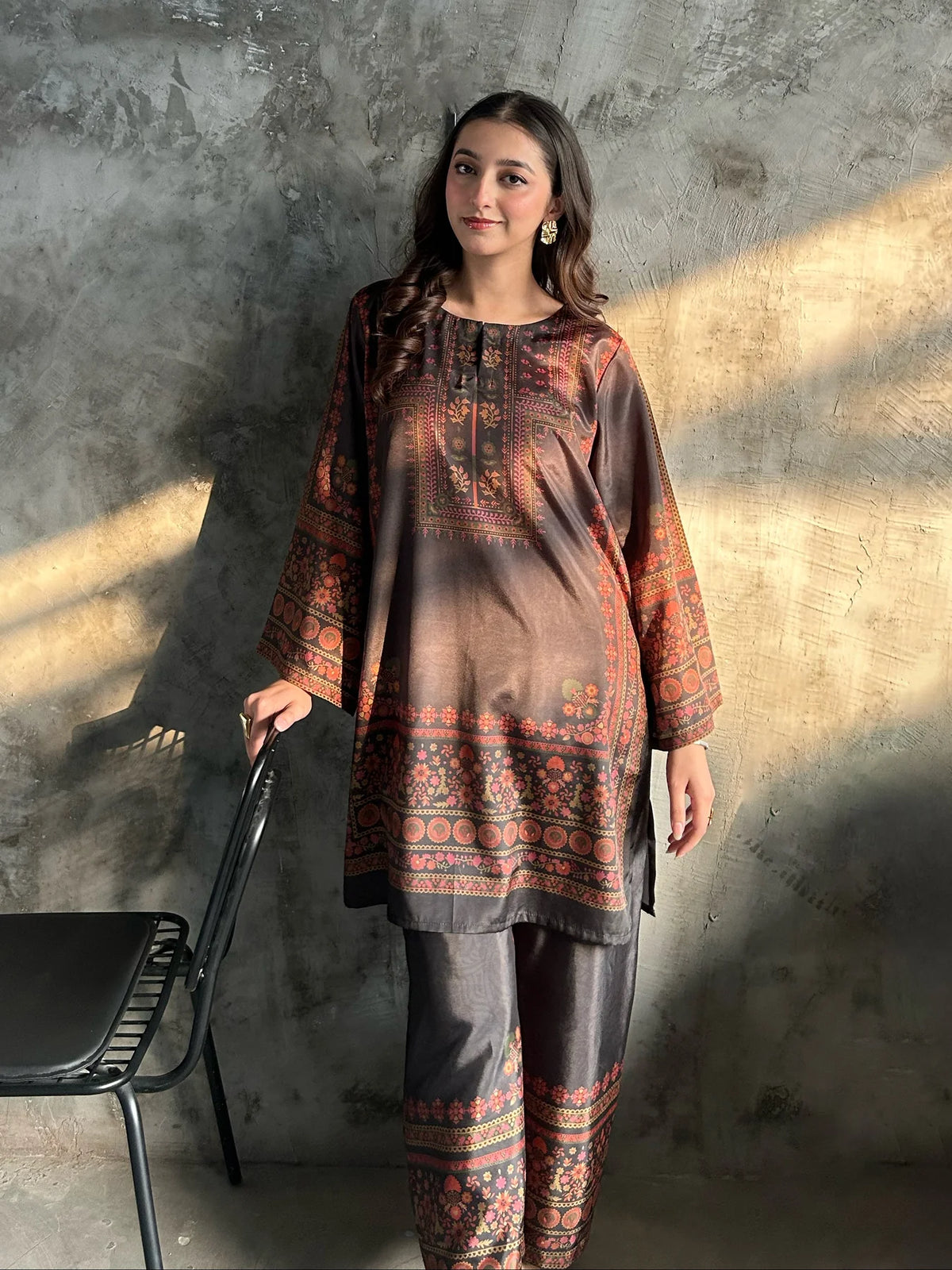 Charcoal Grey Ethnic Border Print 2PC Linen Suit (HE)