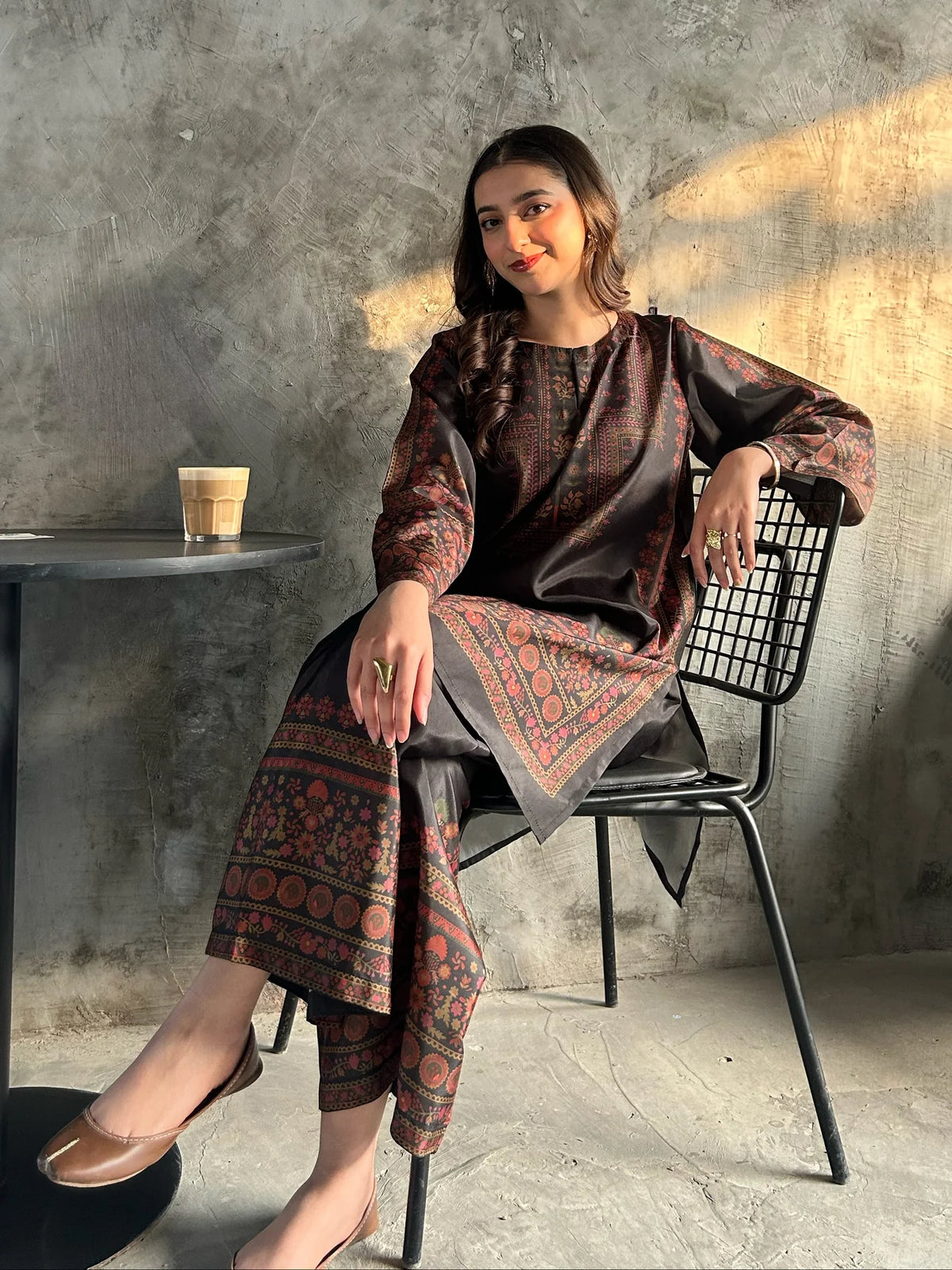 Charcoal Grey Ethnic Border Print 2PC Linen Suit (HE)