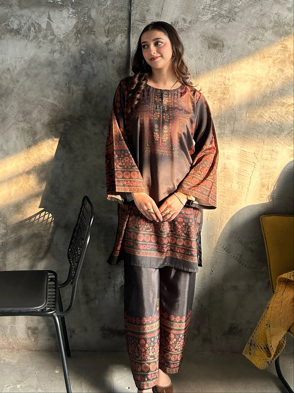 Charcoal Grey Ethnic Border Print 2PC Linen Suit (HE)