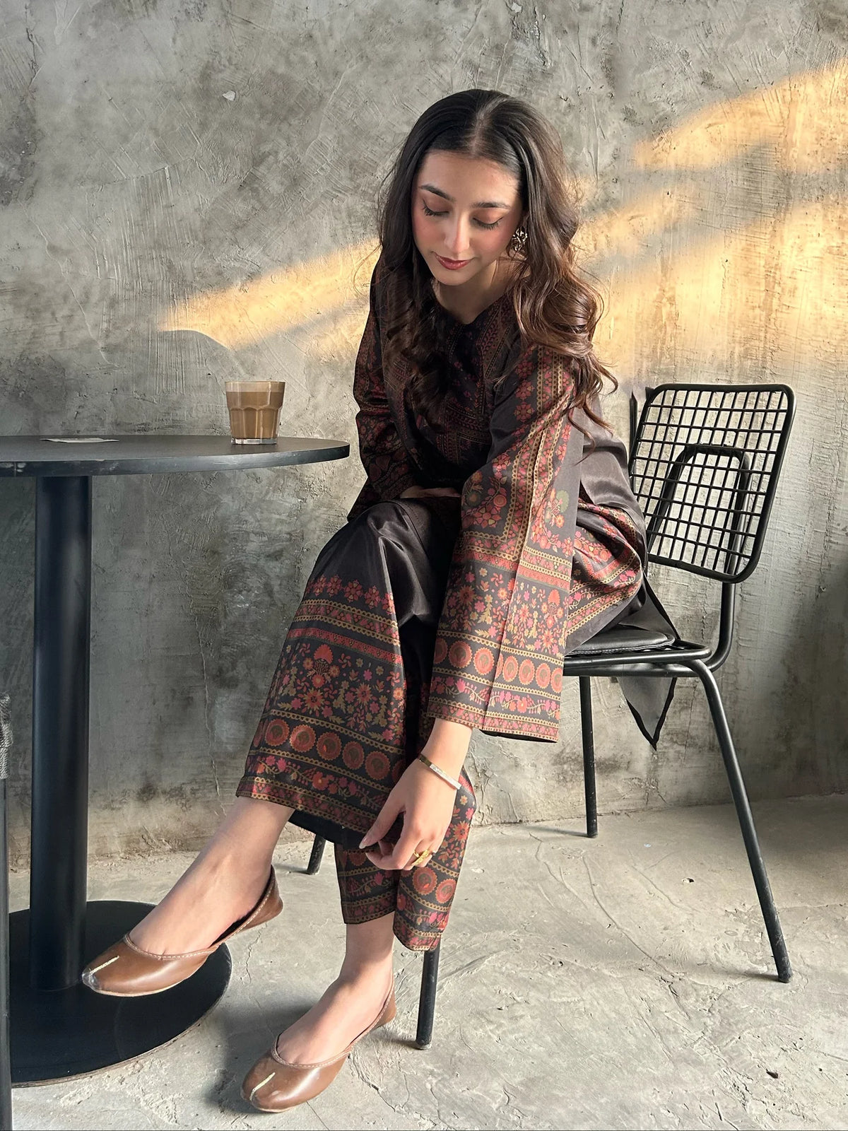 Charcoal Grey Ethnic Border Print 2PC Linen Suit (HE)