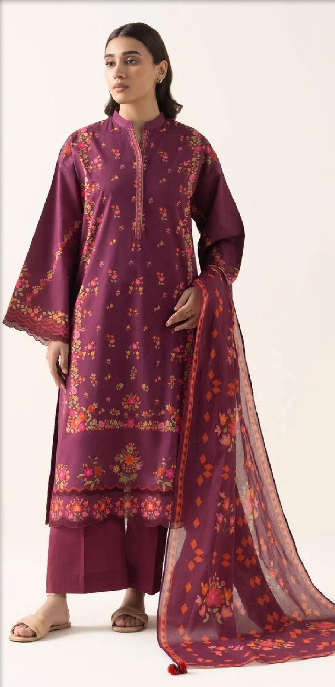 Maroon Embroidered 3PC Suit with Floral Digital Print Dupatta (HS)