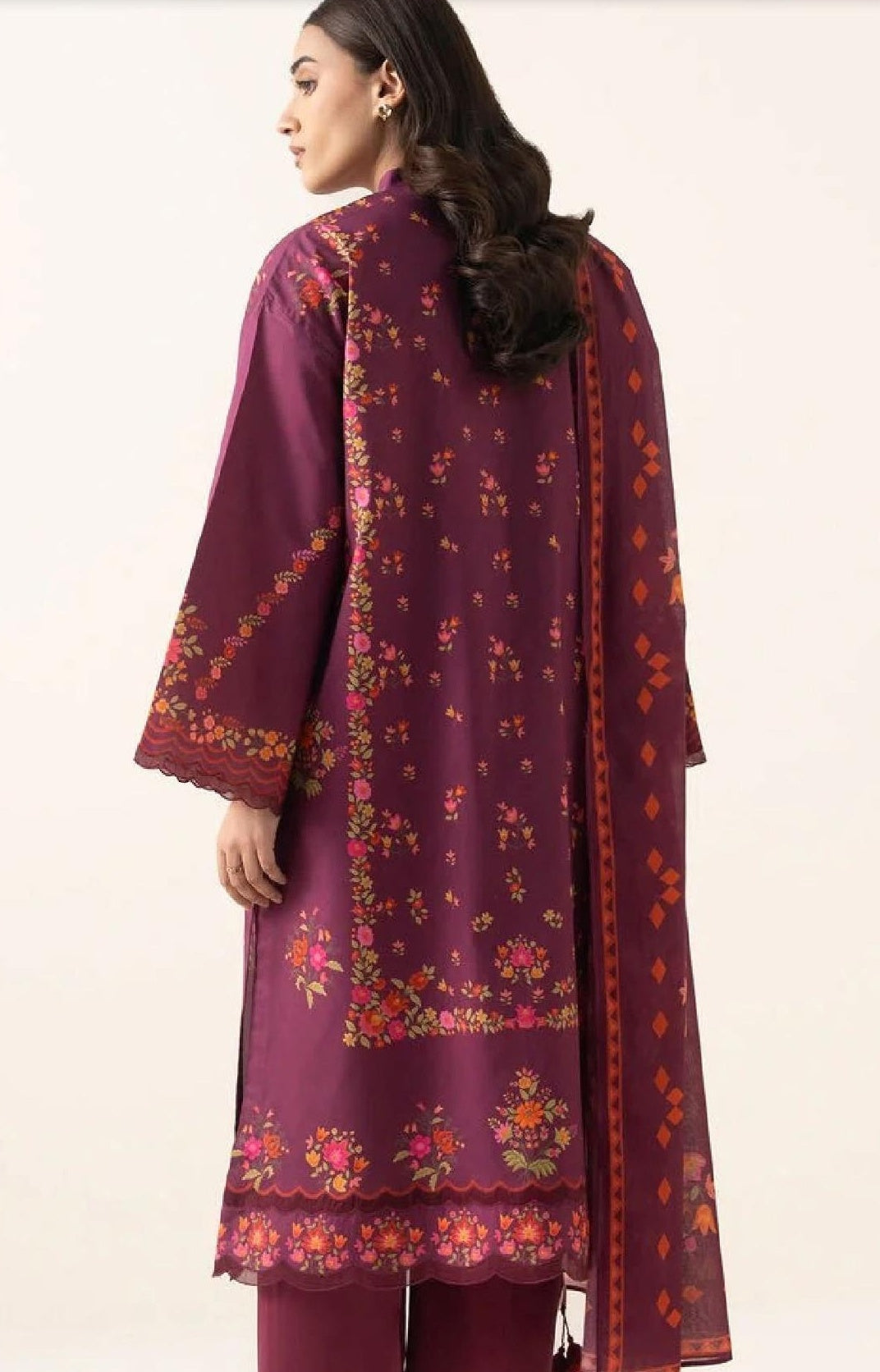 Maroon Embroidered 3PC Suit with Floral Digital Print Dupatta (HS)