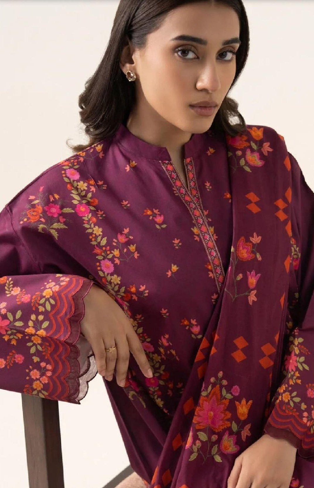 Maroon Embroidered 3PC Suit with Floral Digital Print Dupatta (HS)