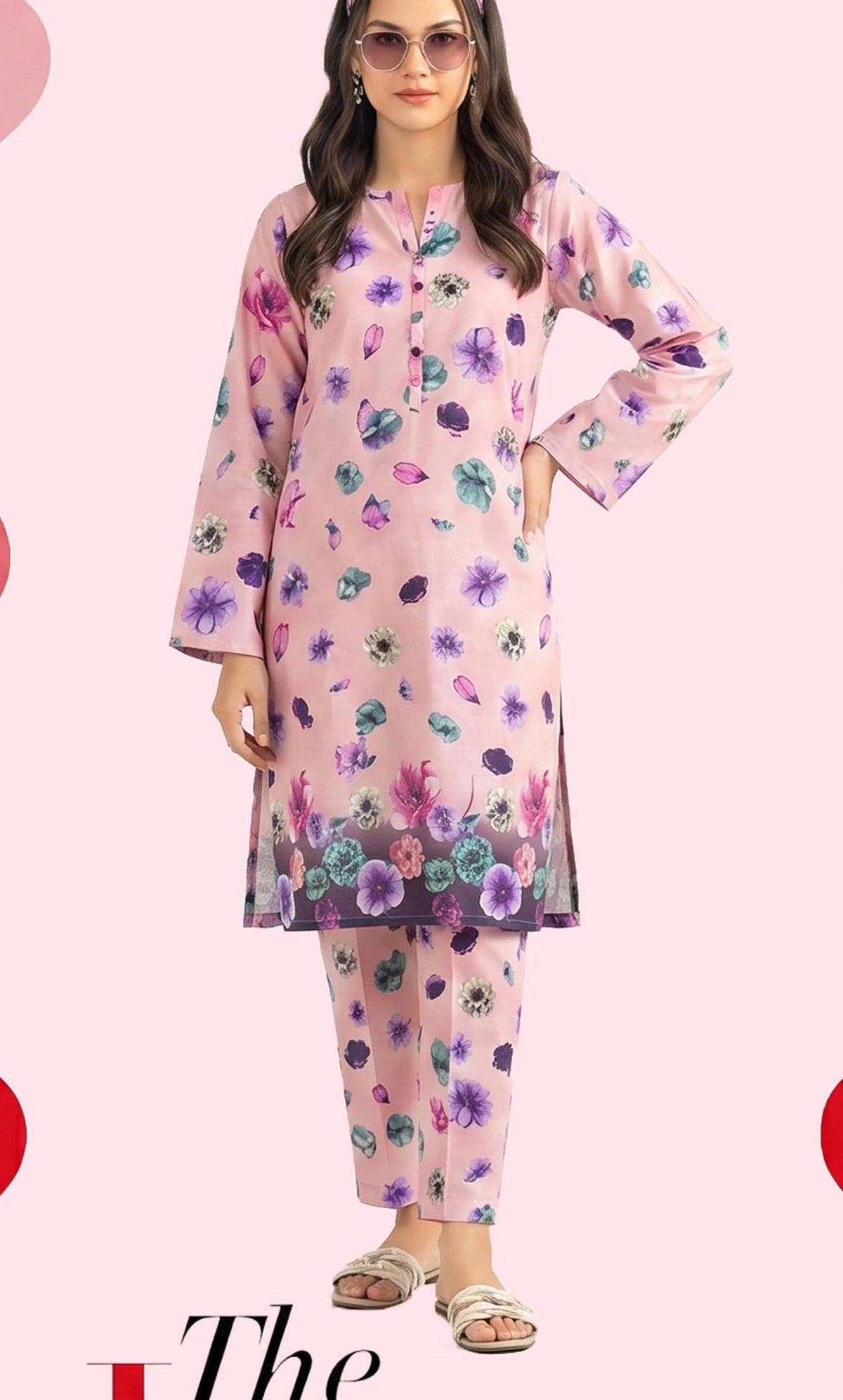 Pink Multicolour Floral Print 2PC Lawn Suit with Ombre Hem Border (HS)