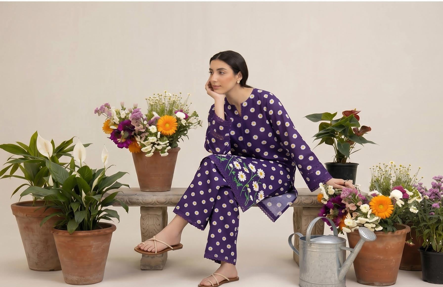 Purple Daisy Print 2PC Lawn Suit with Floral Hem Border (HS)