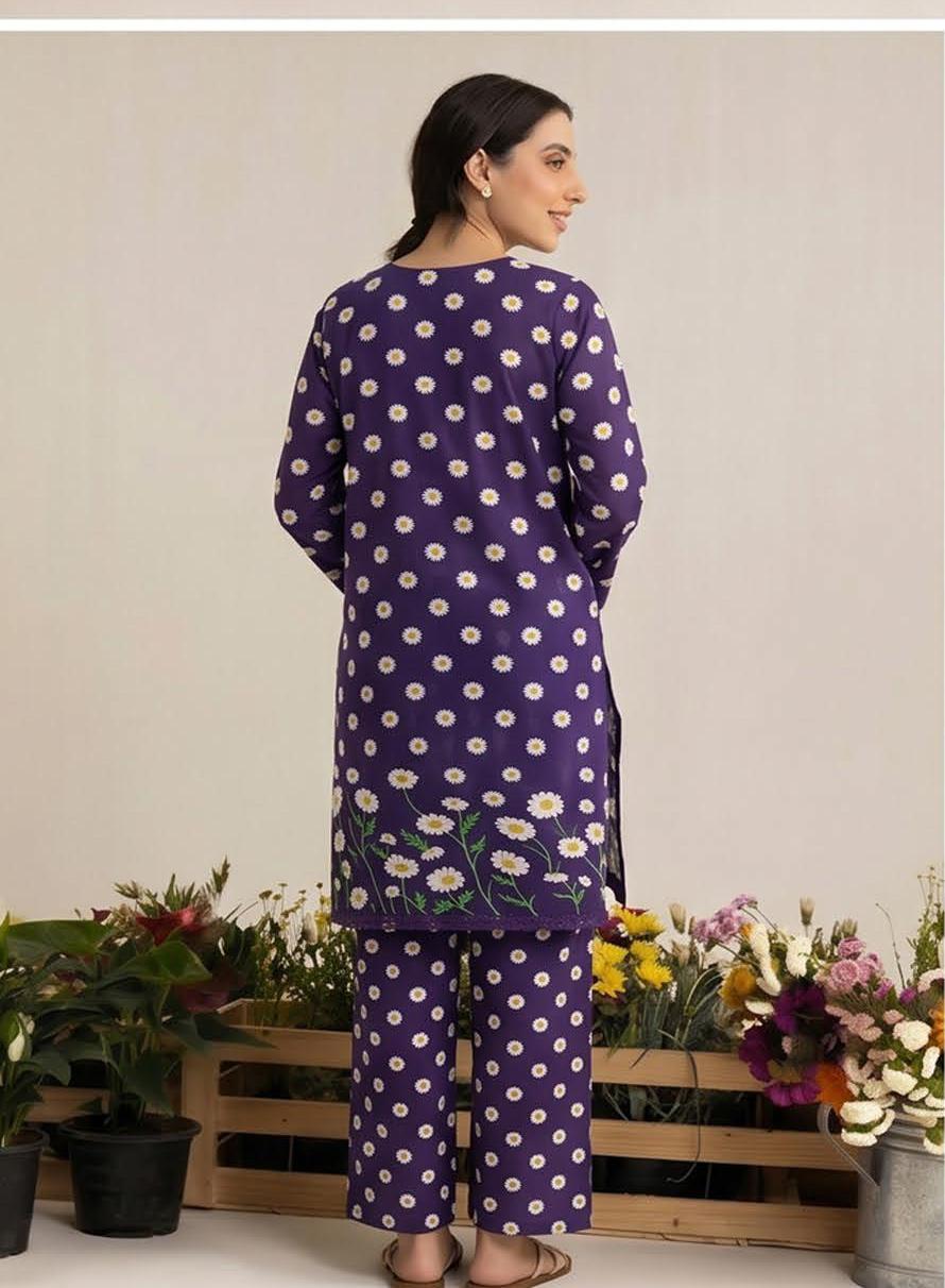 Purple Daisy Print 2PC Lawn Suit with Floral Hem Border (HS)