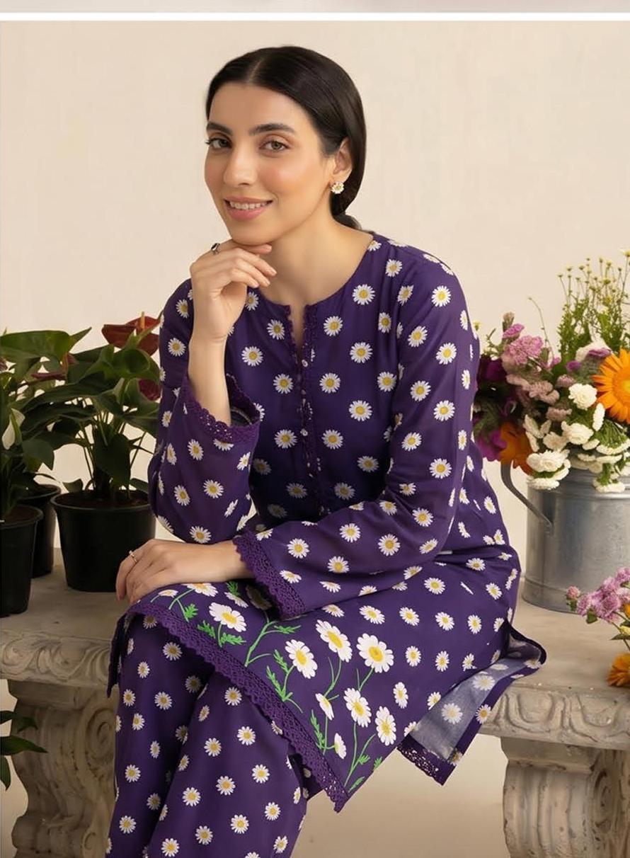 Purple Daisy Print 2PC Lawn Suit with Floral Hem Border (HS)