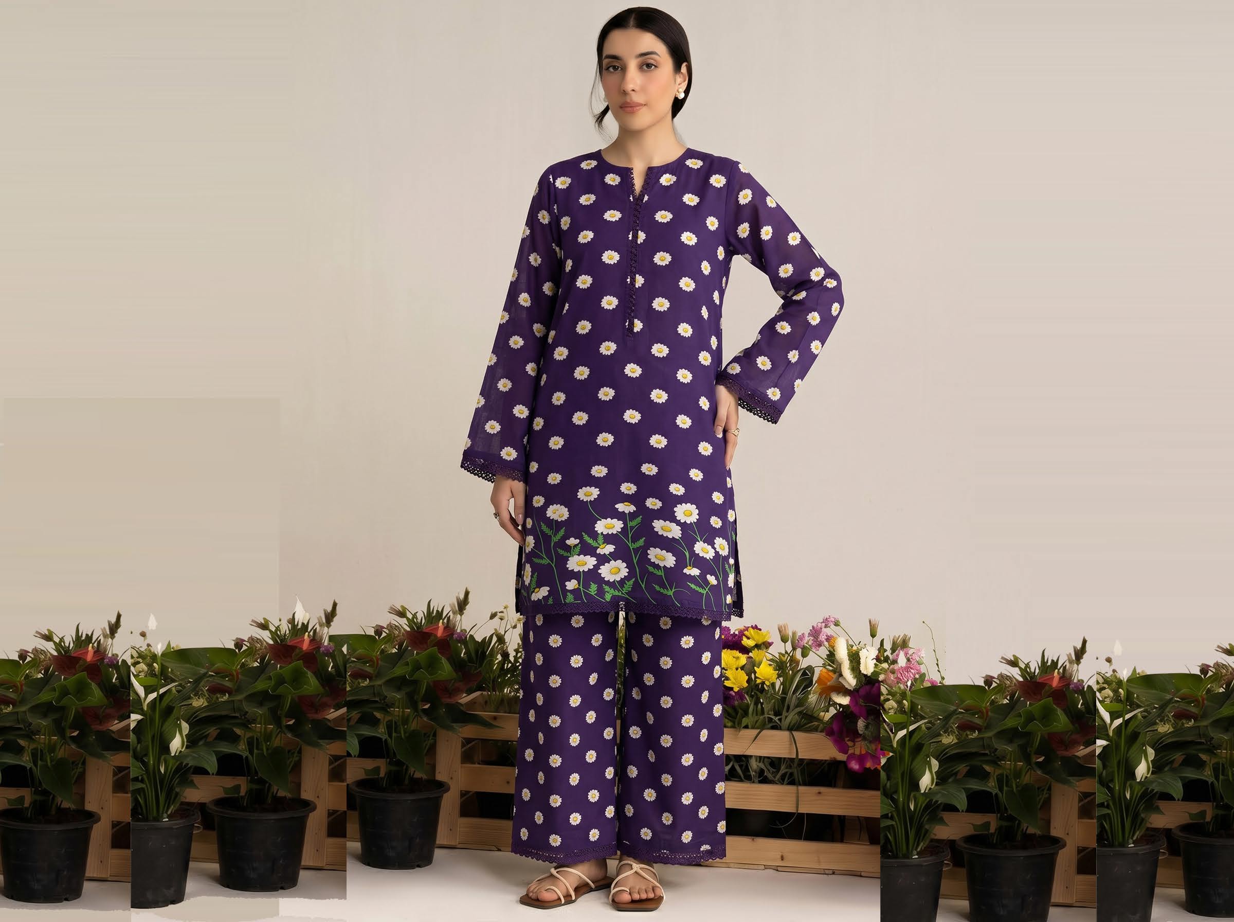 Purple Daisy Print 2PC Lawn Suit with Floral Hem Border (HS)