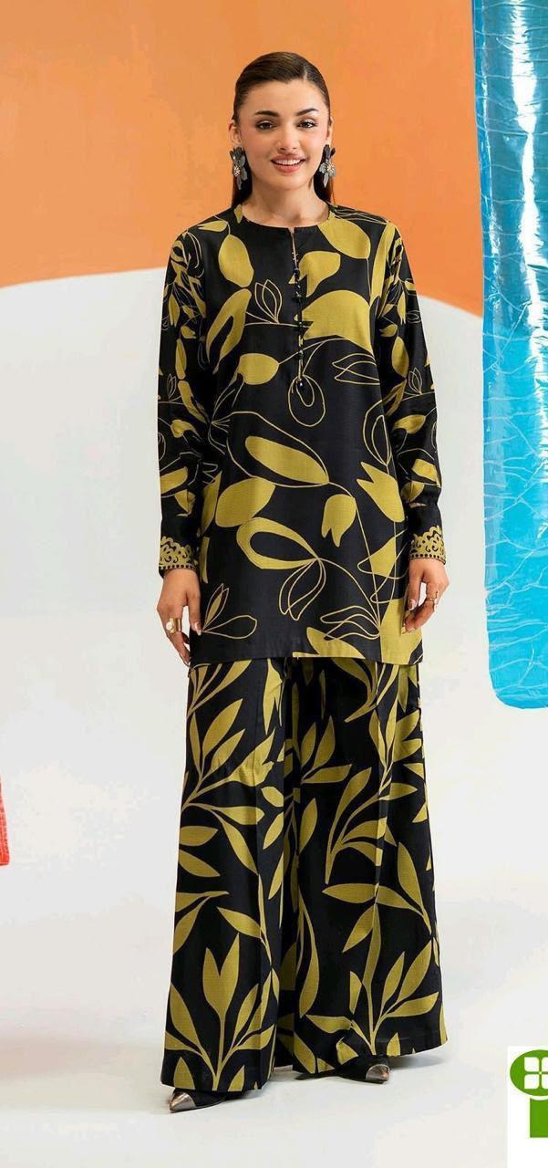 Black Olive Leaf Print 2PC Lawn Suit - Gul Ahmed (HS)