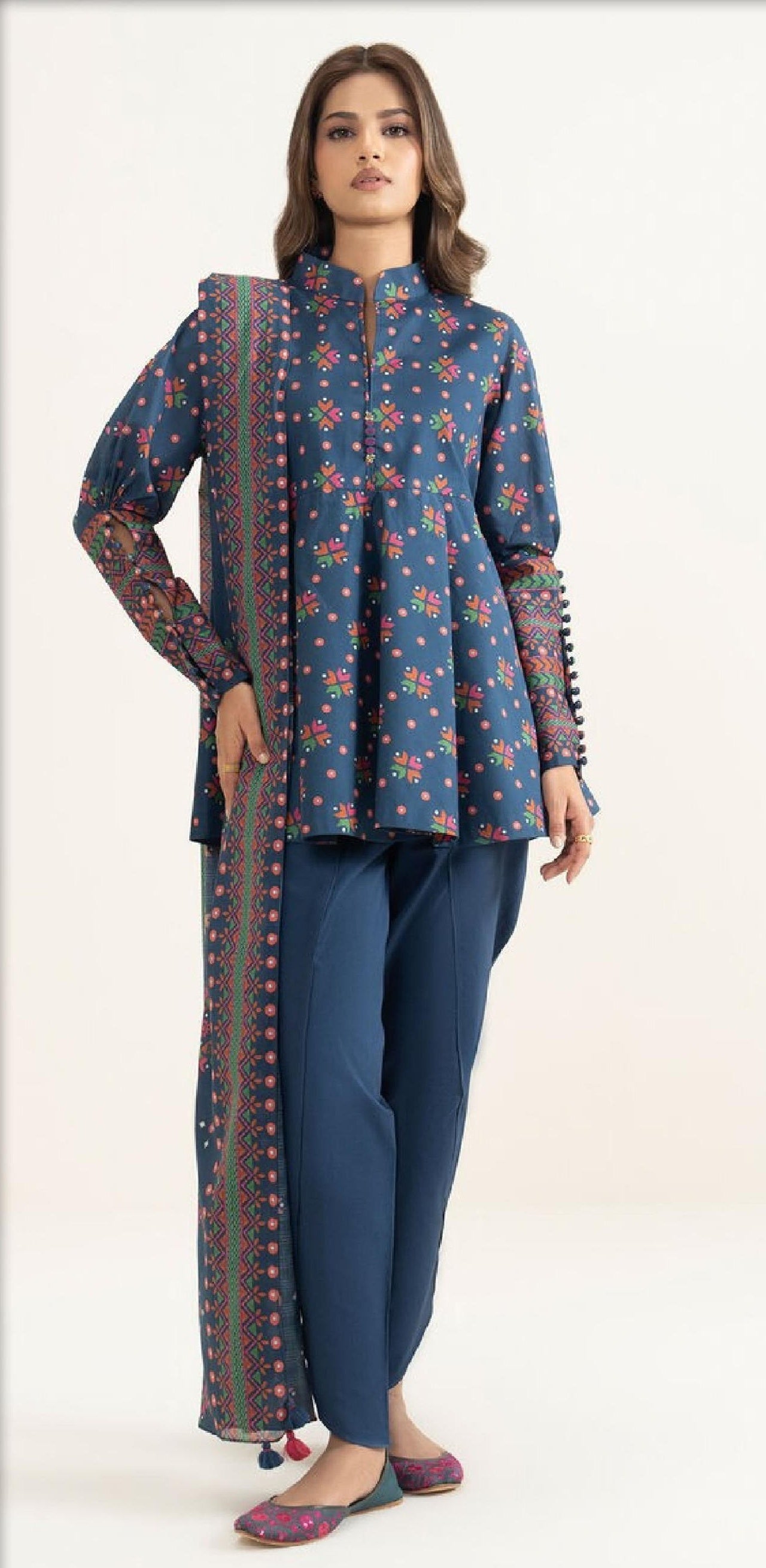 Navy Blue Printed Peplum Style Kurta with Embroidered Trim (HS)