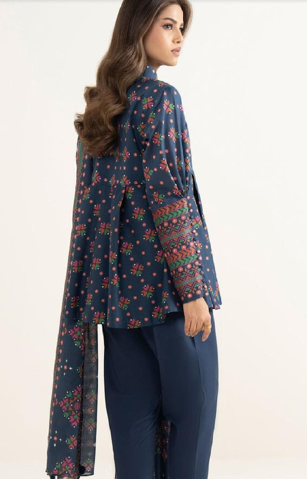 Navy Blue Printed Peplum Style Kurta with Embroidered Trim (HS)