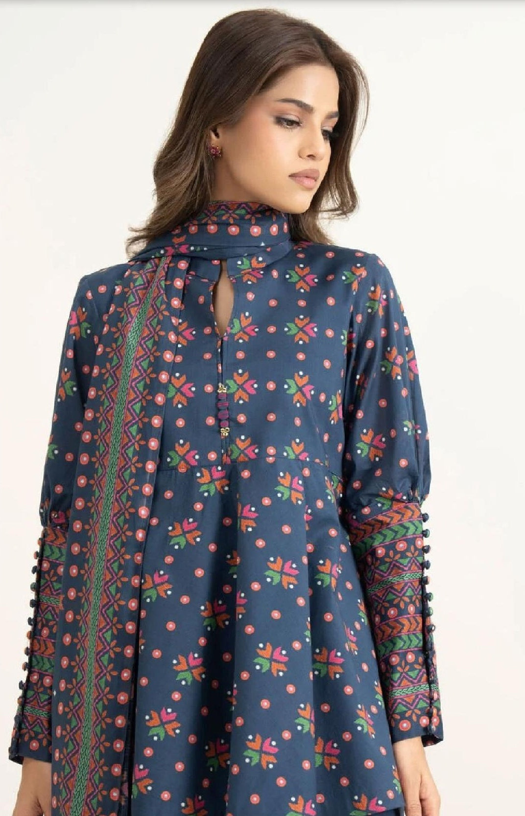 Navy Blue Printed Peplum Style Kurta with Embroidered Trim (HS)