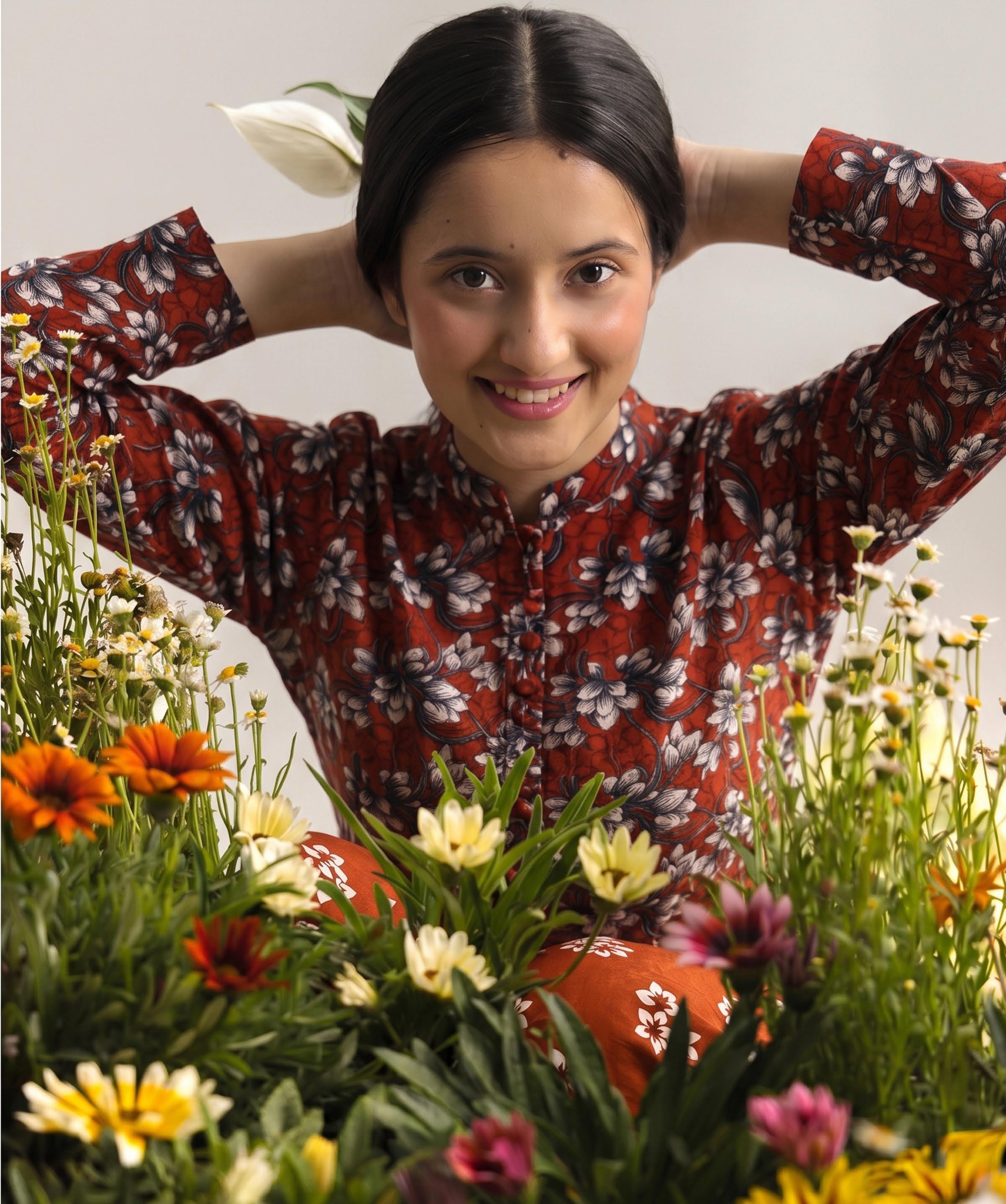Rust Red Floral Print 2PC Lawn Suit with Orange Trouser (HS)