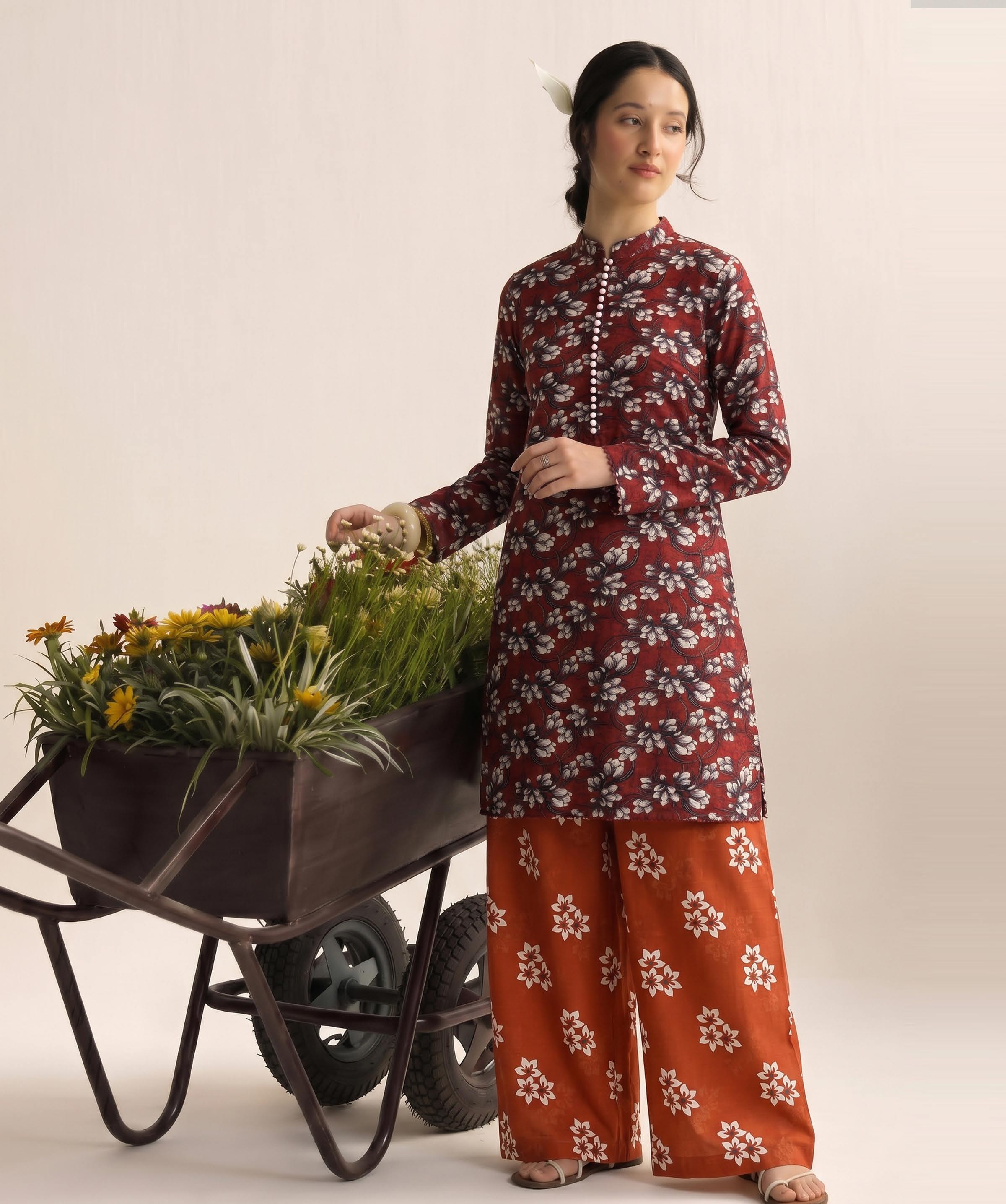 Rust Red Floral Print 2PC Lawn Suit with Orange Trouser (HS)