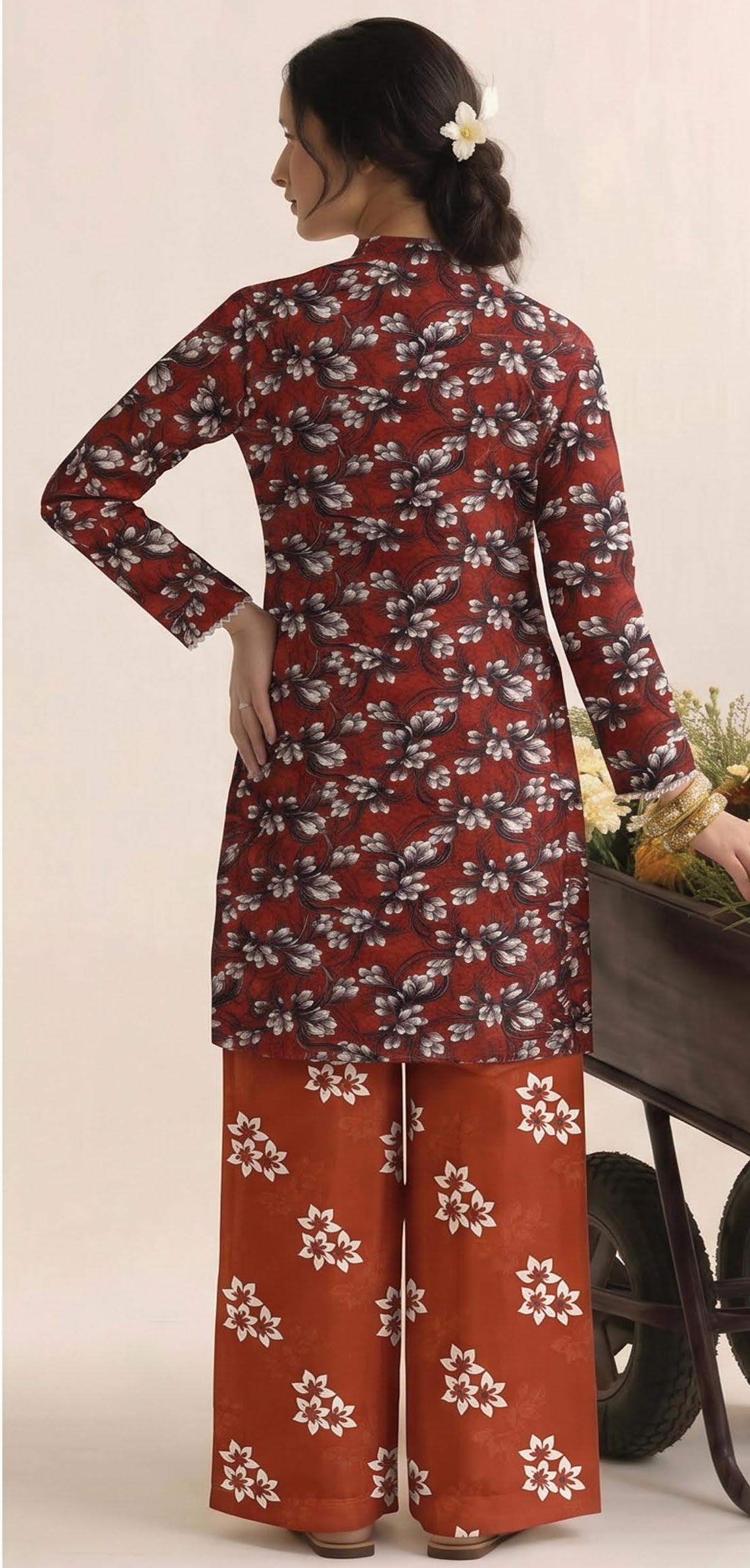 Rust Red Floral Print 2PC Lawn Suit with Orange Trouser (HS)