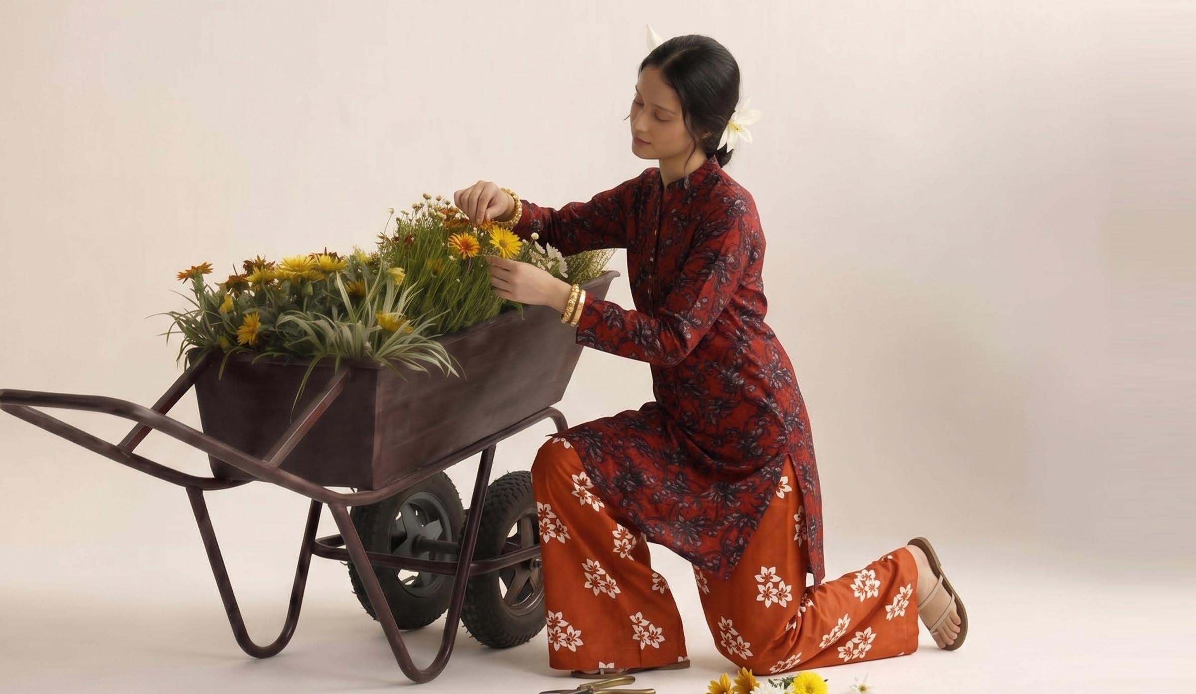 Rust Red Floral Print 2PC Lawn Suit with Orange Trouser (HS)