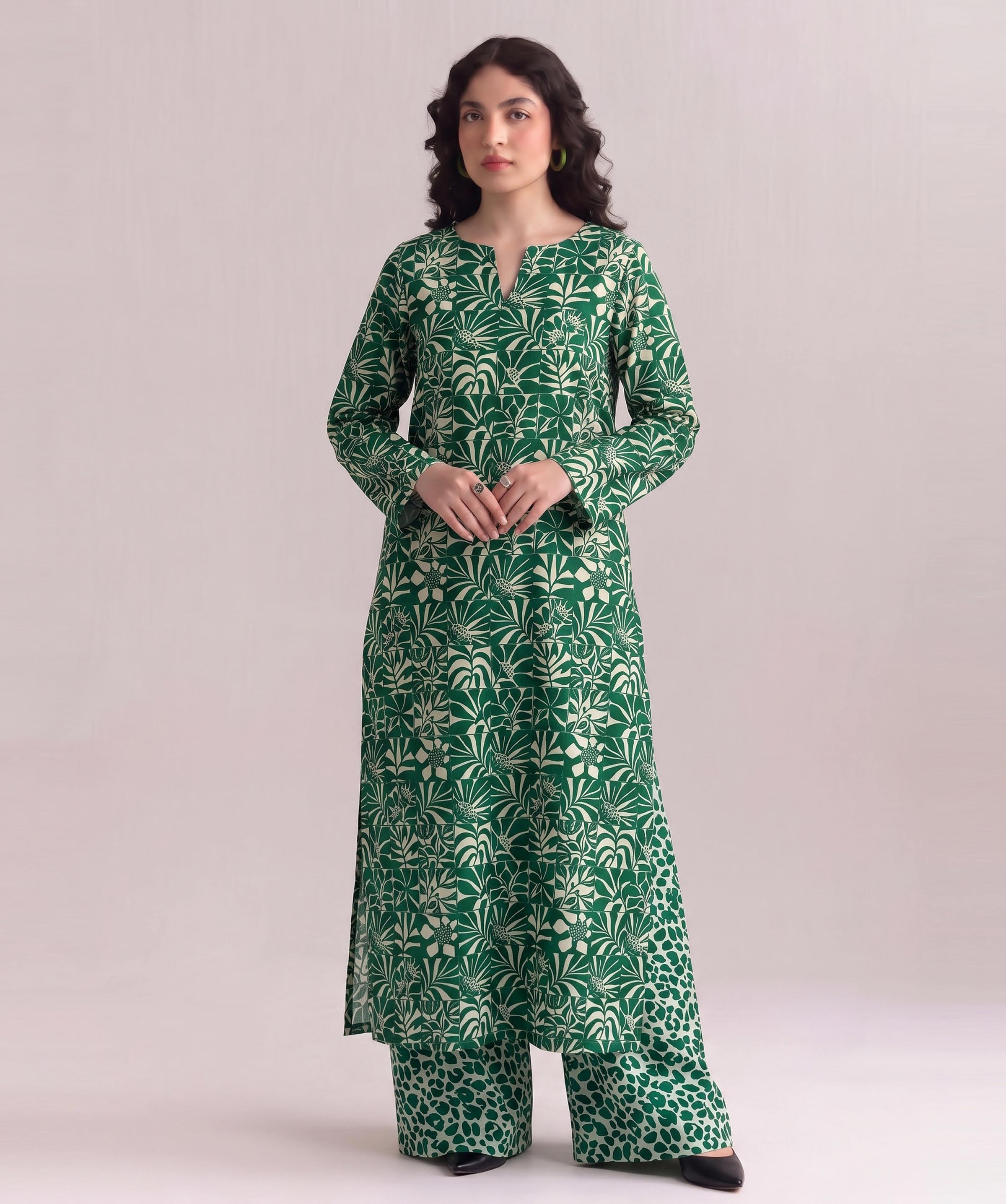 Green Tropical Leaf Print 2PC Lawn Suit with Animal-Print Trouser (HS)