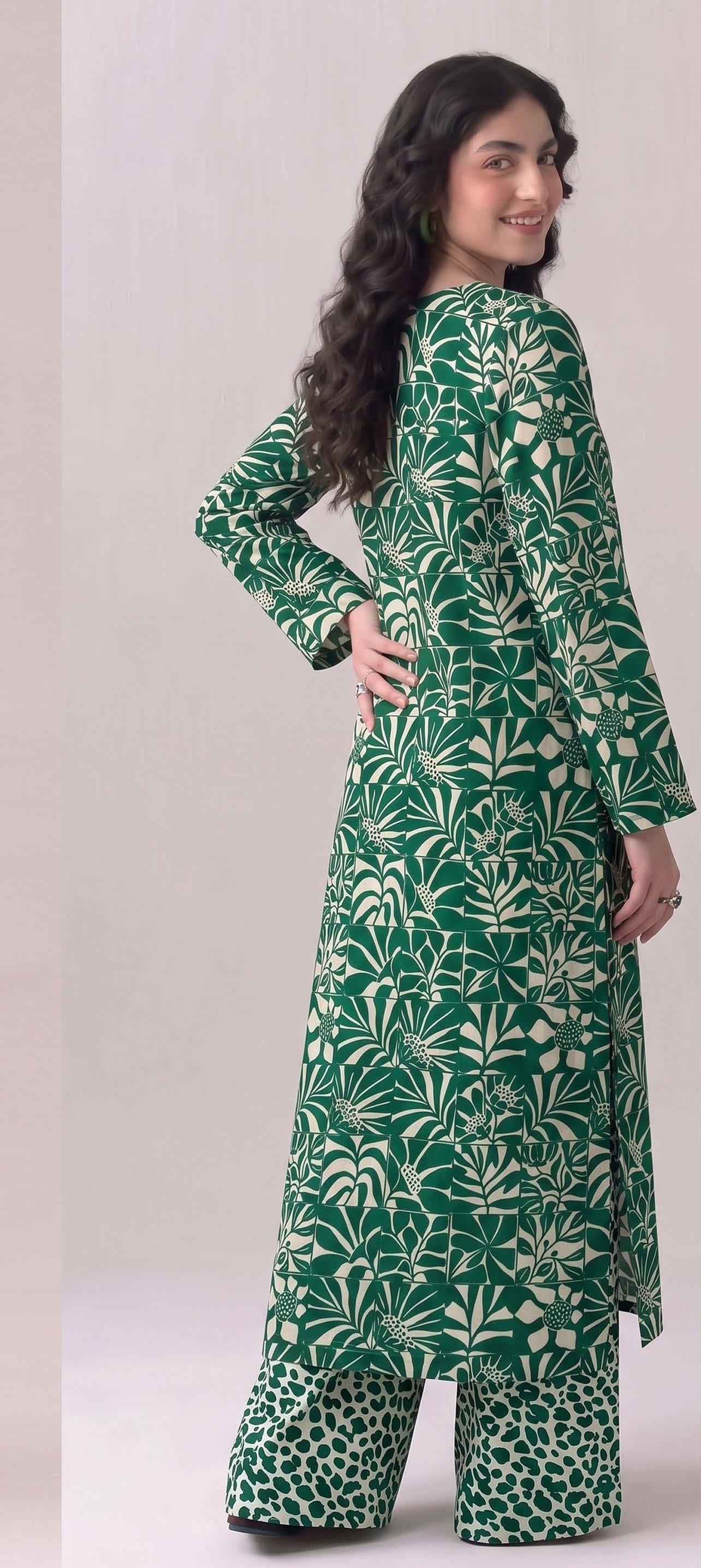 Green Tropical Leaf Print 2PC Lawn Suit with Animal-Print Trouser (HS)