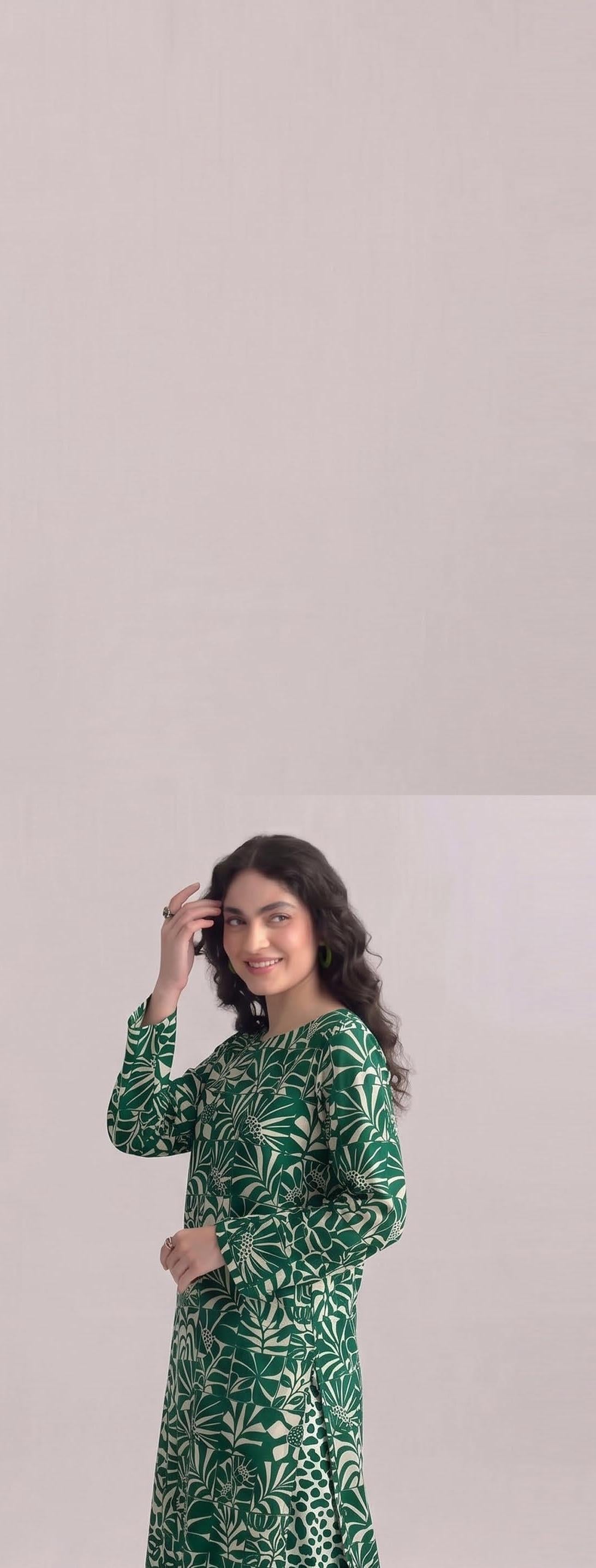 Green Tropical Leaf Print 2PC Lawn Suit with Animal-Print Trouser (HS)