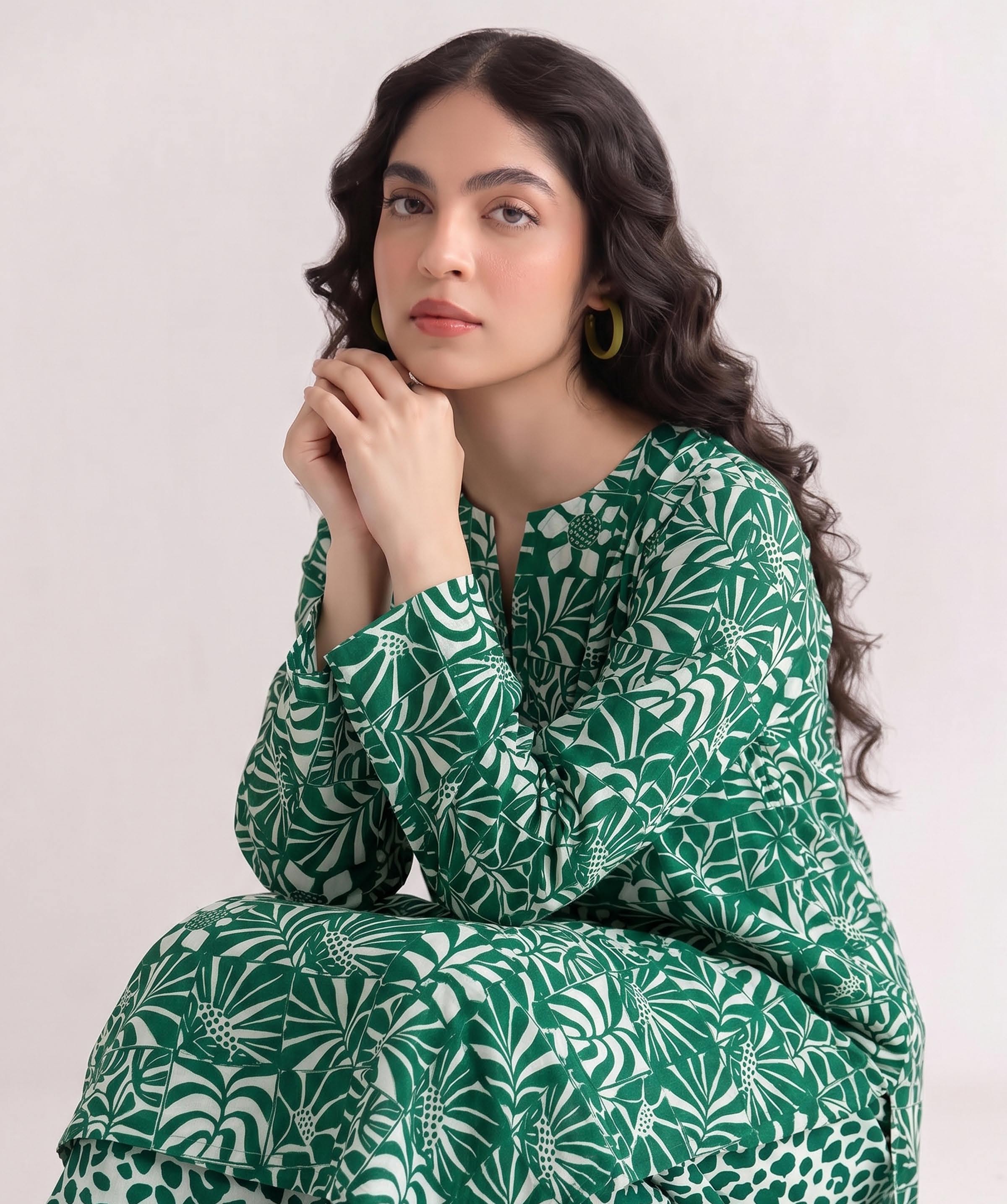 Green Tropical Leaf Print 2PC Lawn Suit with Animal-Print Trouser (HS)