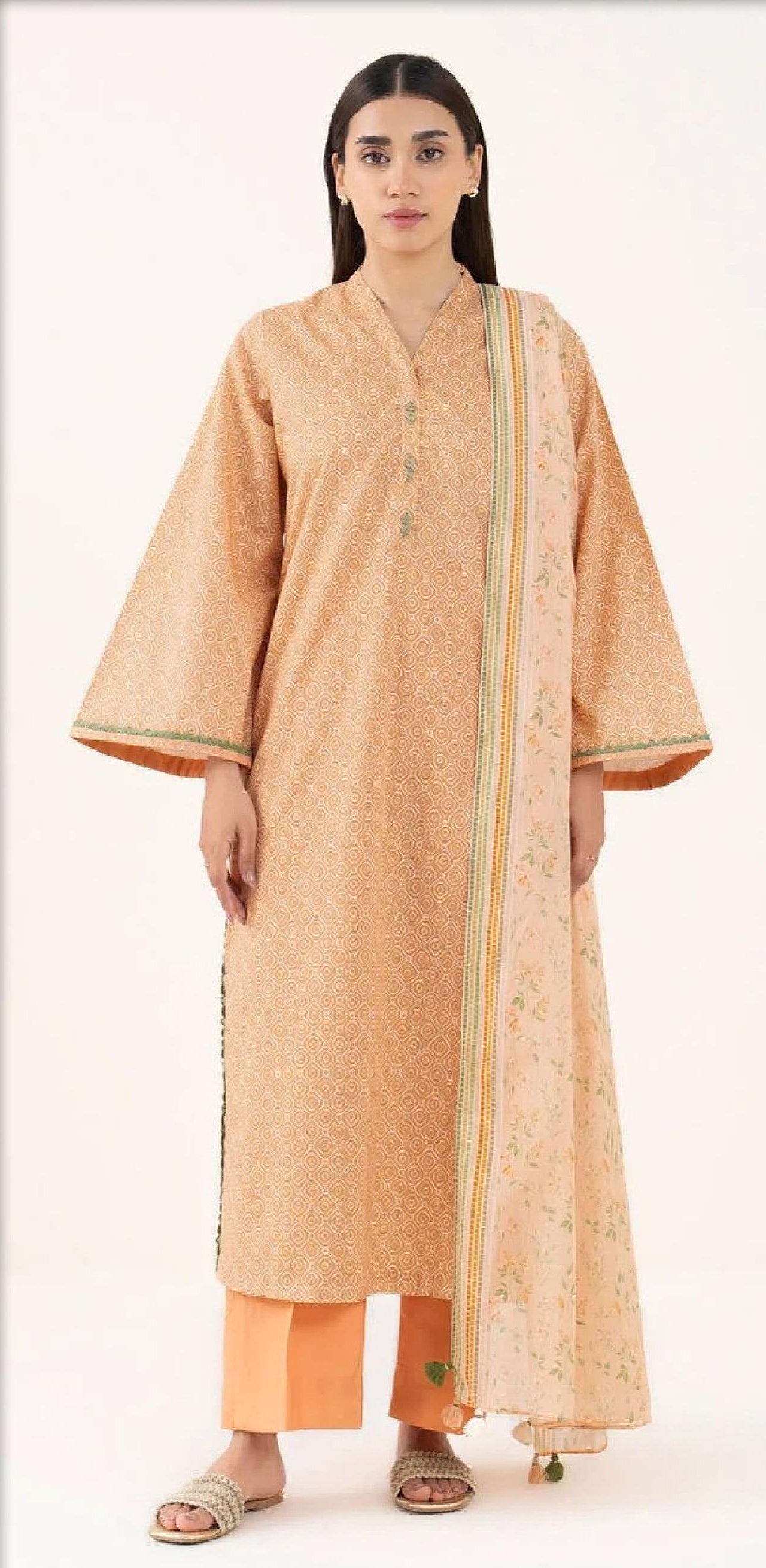 Peach Printed 3PC Suit with Green-Gold Woven Border (HS)