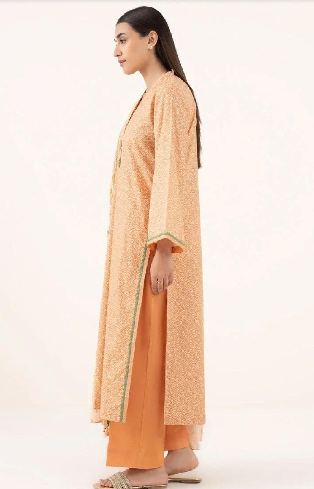 Peach Printed 3PC Suit with Green-Gold Woven Border (HS)