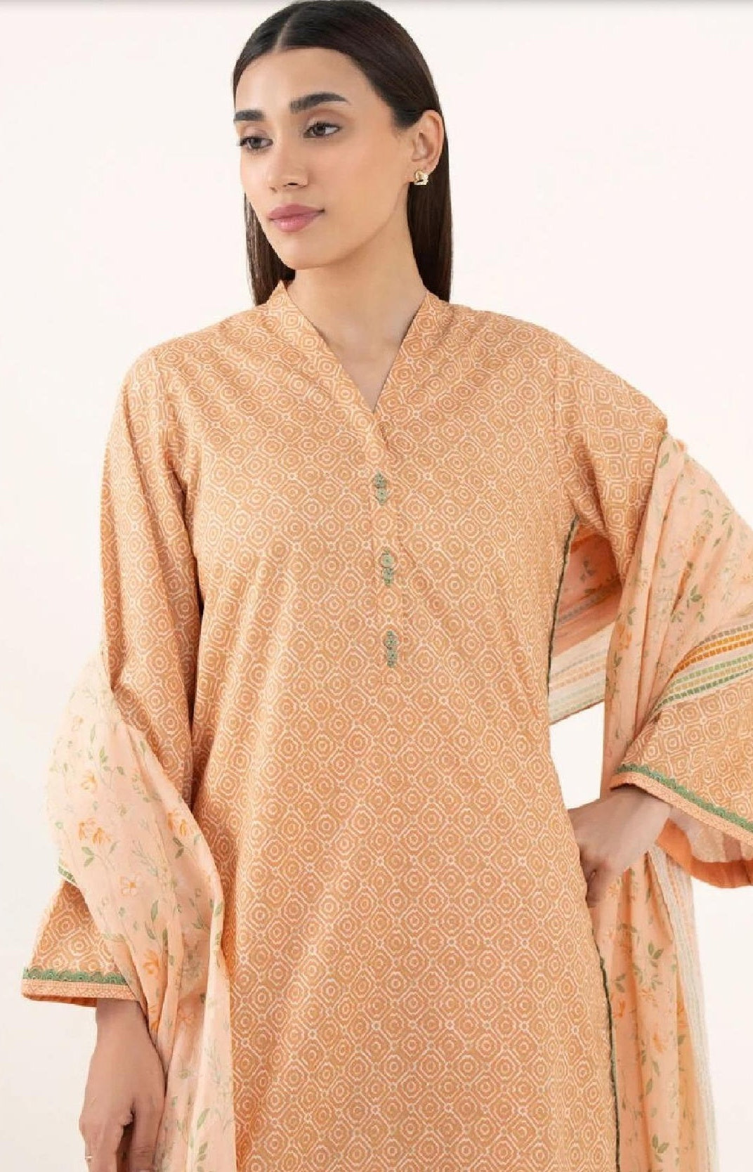 Peach Printed 3PC Suit with Green-Gold Woven Border (HS)