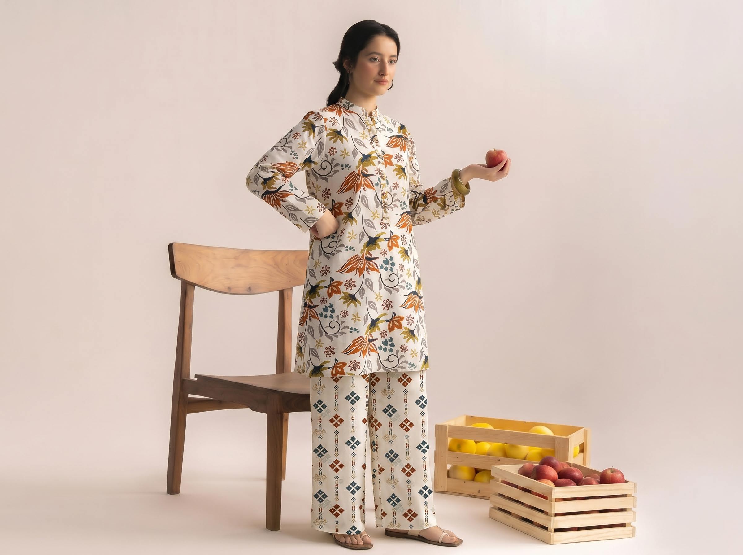 Ivory Multicolour Floral Print 2PC Lawn Suit with Diamond-Print Trouser (HS)