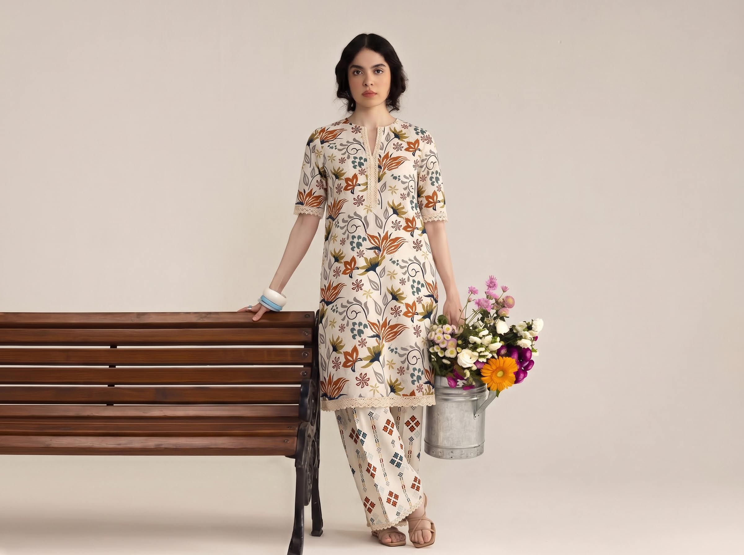 Ivory Multicolour Floral Print 2PC Lawn Suit with Diamond-Print Trouser (HS)