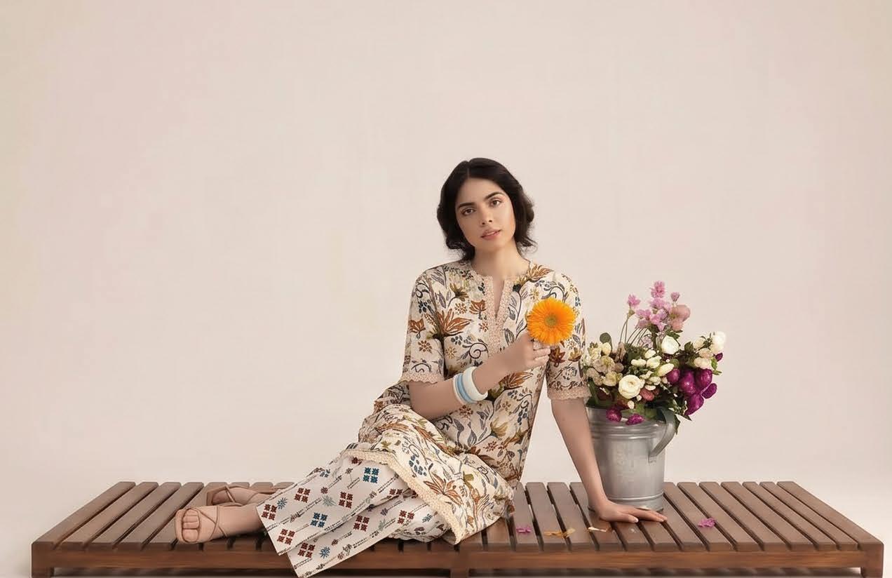 Ivory Multicolour Floral Print 2PC Lawn Suit with Diamond-Print Trouser (HS)