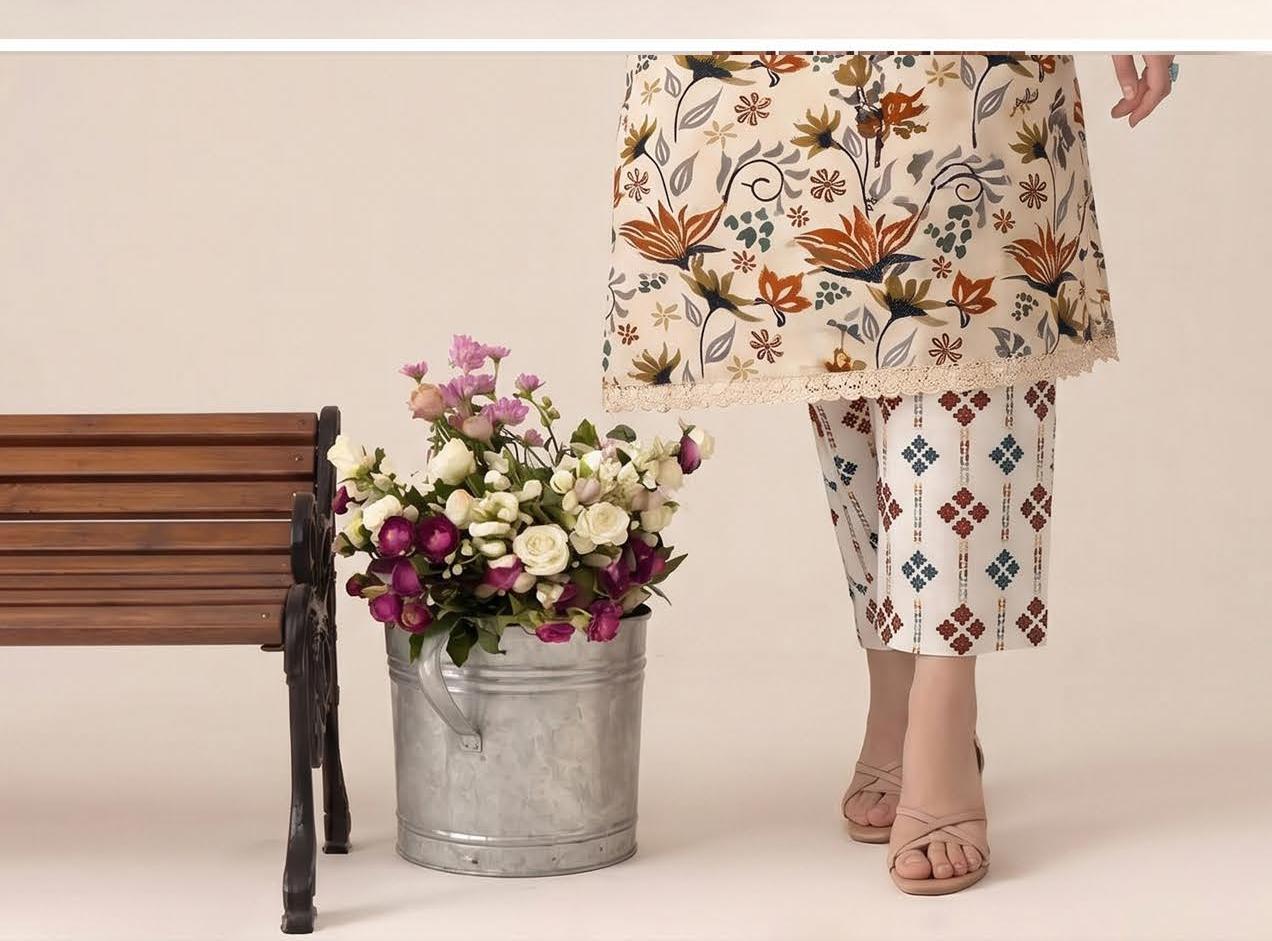 Ivory Multicolour Floral Print 2PC Lawn Suit with Diamond-Print Trouser (HS)