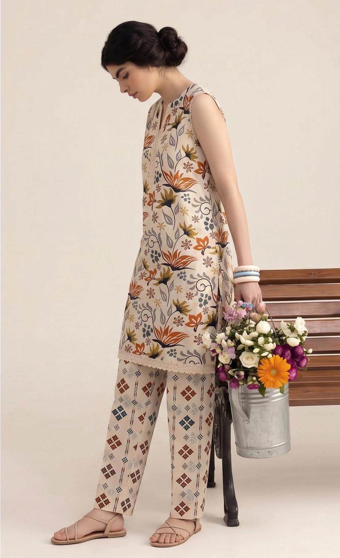 Ivory Multicolour Floral Print 2PC Lawn Suit with Diamond-Print Trouser (HS)