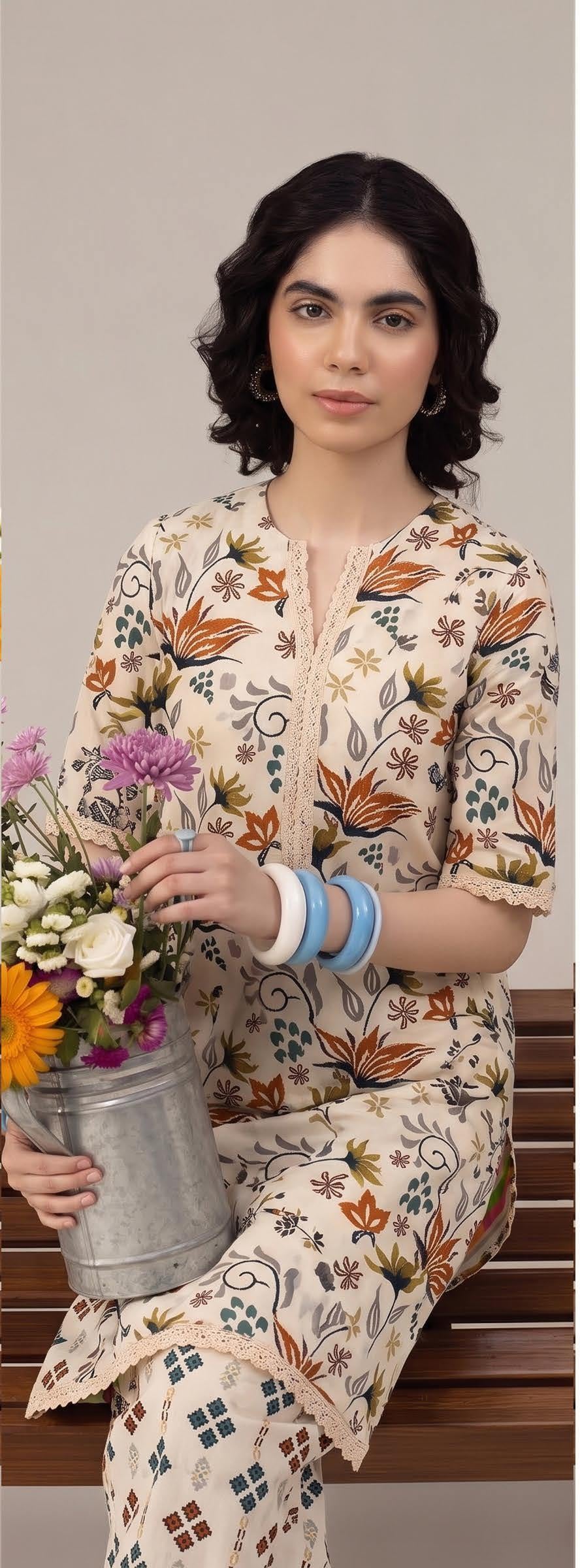 Ivory Multicolour Floral Print 2PC Lawn Suit with Diamond-Print Trouser (HS)