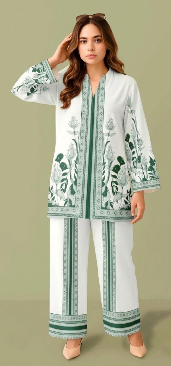 White Green Floral Border 2PC Lawn Suit - Sapphire Co-ords (HS)