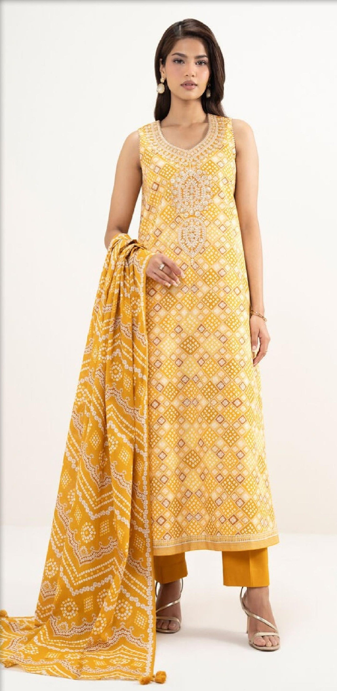 Mustard Yellow Embroidered Sleeveless Suit with Bandhani Print (HS)