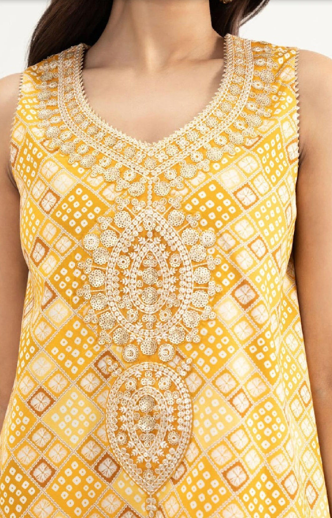 Mustard Yellow Embroidered Sleeveless Suit with Bandhani Print (HS)